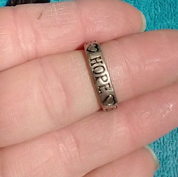 Silvertone 'Hope' Ring with Heart Accents - Picture 3 of 4